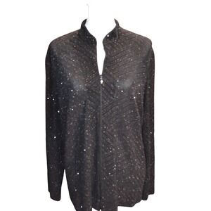 ALEX EVENINGS Womens Black Sequin Sparkle Zipper Jacket Cardigan Top 1X